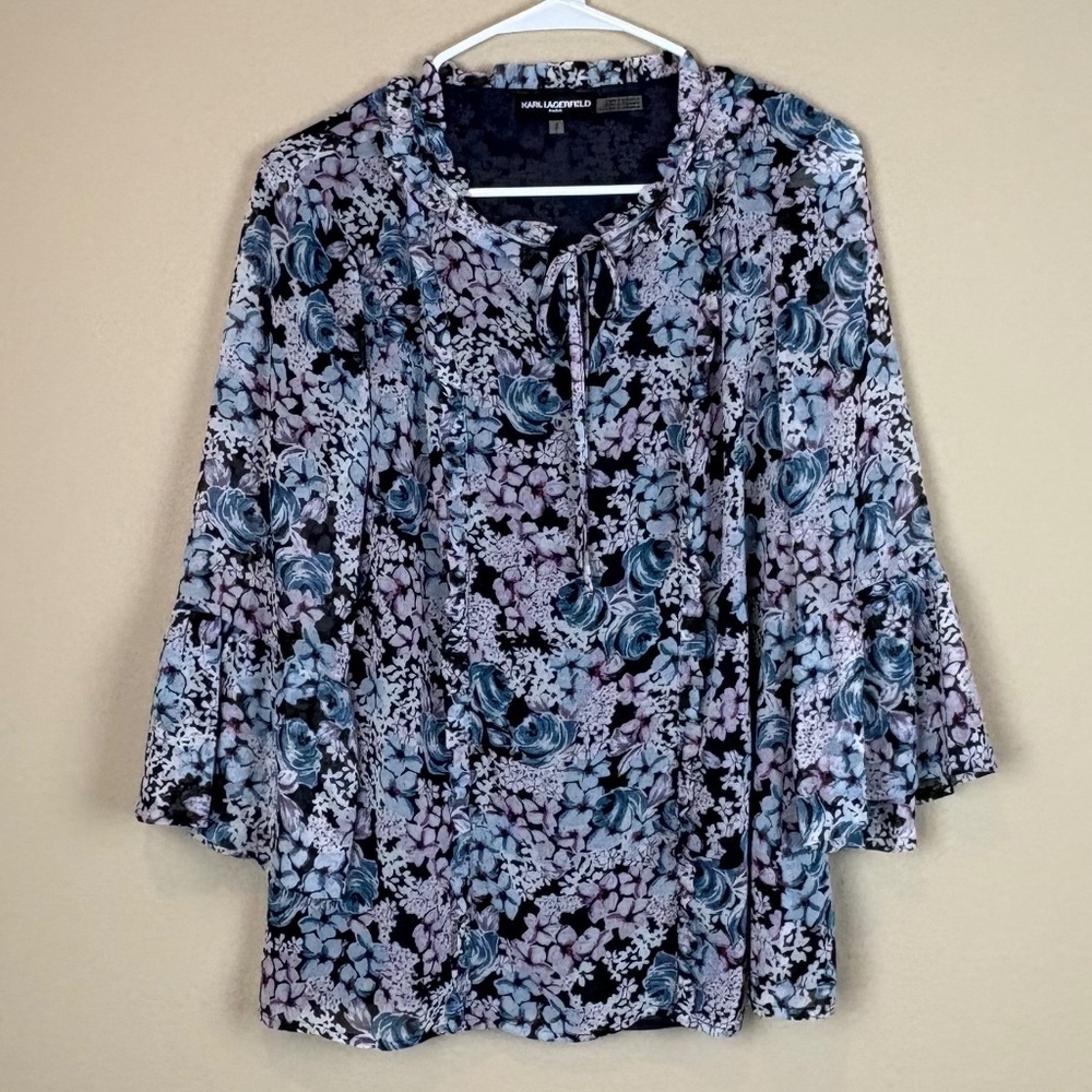 Karl Lagerfeld Paris Black with Pink/Blue Floral Design Ruffle Blouse; Size M